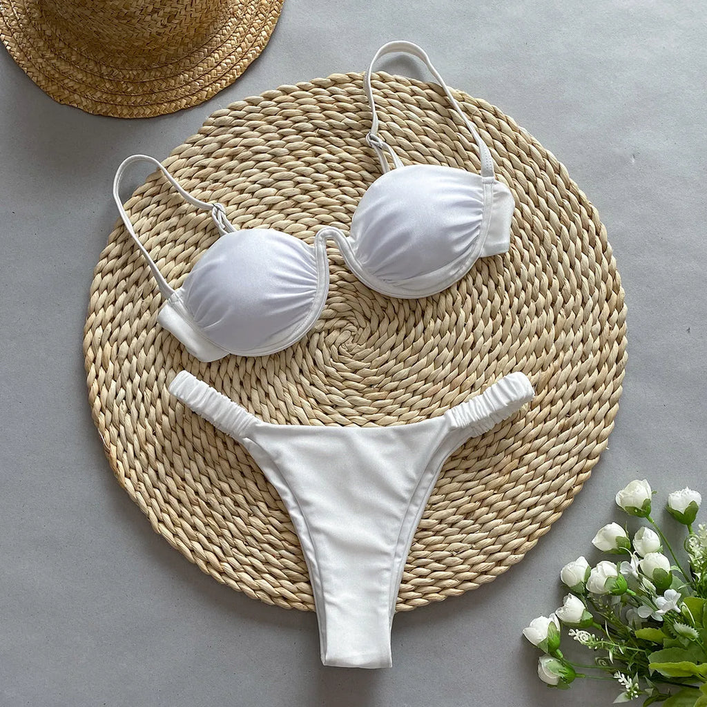 Women's underwire bikini swimsuit set in khaki, shown in a briefs style for fitness and swimming.