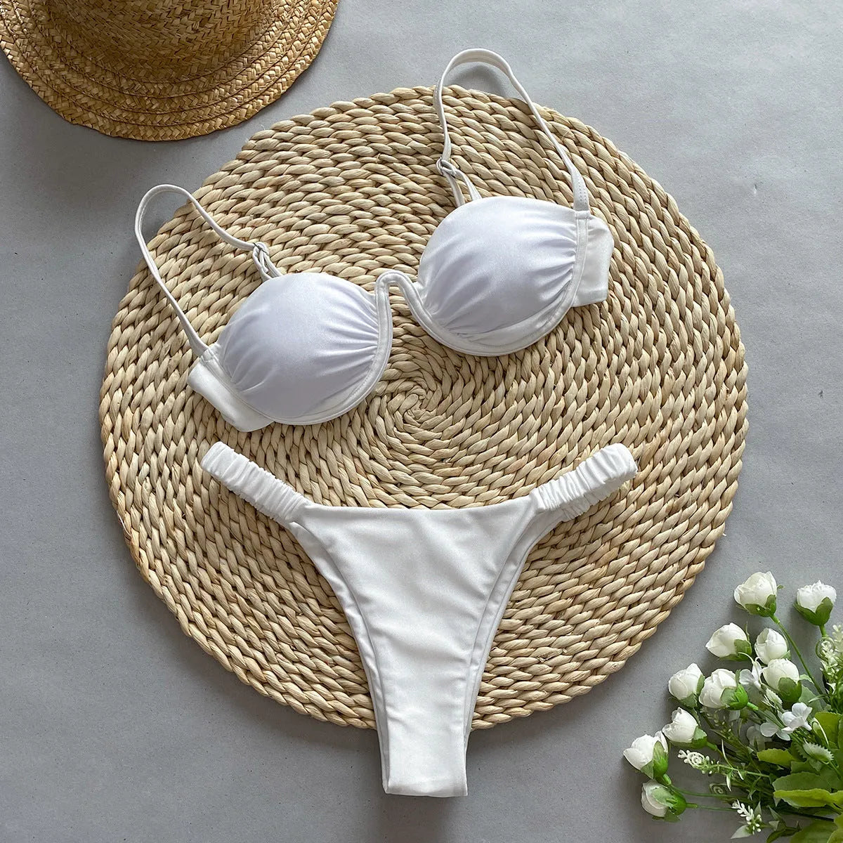 Women's underwire bikini swimsuit set in khaki, shown in a briefs style for fitness and swimming.