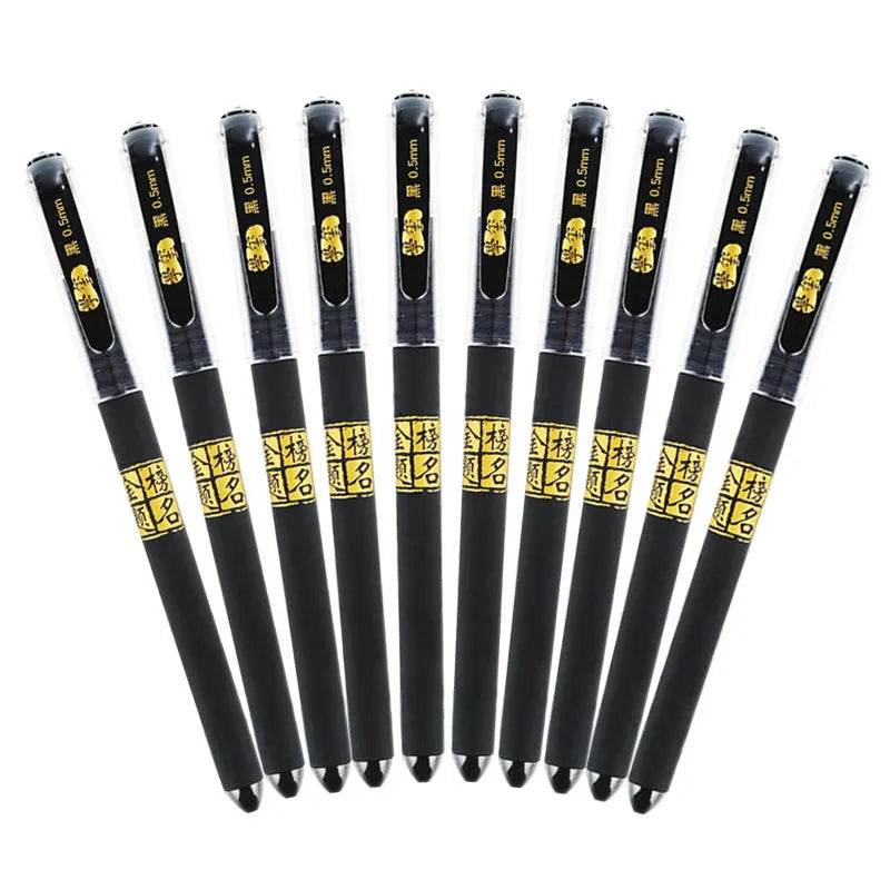 8-pack of black gel pens with snap-on caps, showing needle tip and bullet tip options.