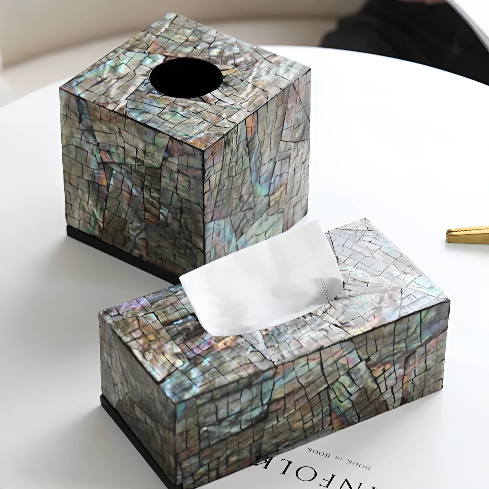 Modern black shell tissue box organiser with removable storage compartments on coffee table
