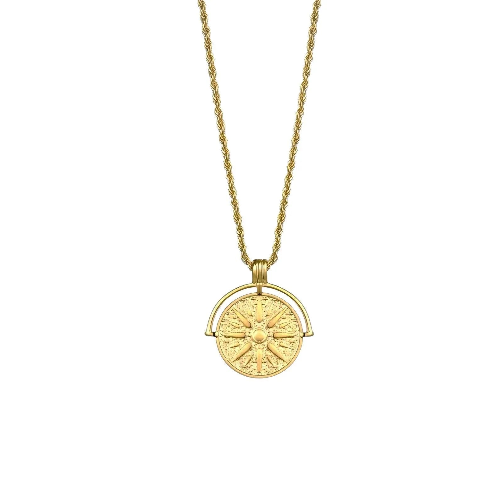 Stainless steel sunflower pendant necklace with geometric embossed design on adjustable 41-50cm chain