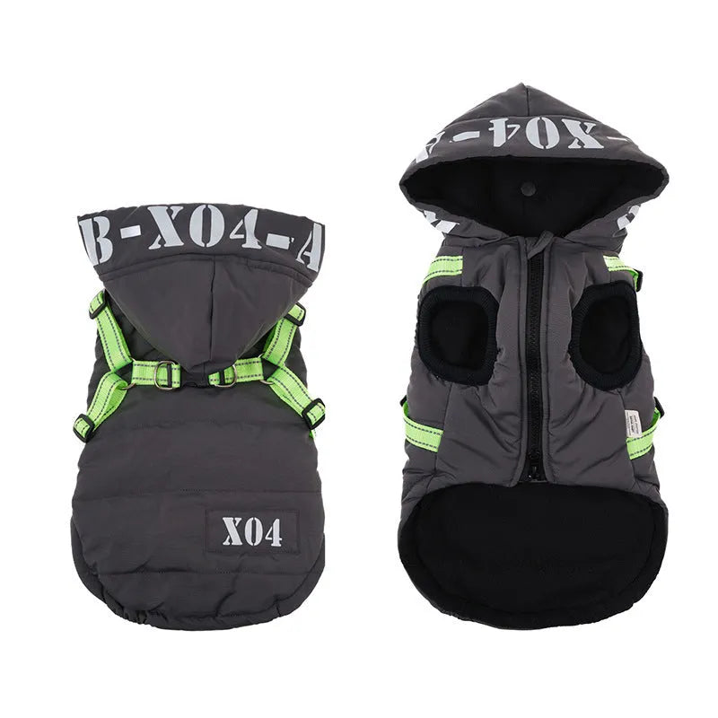 Fleece-lined waterproof dog jacket with hood in red, grey, blue or black colours