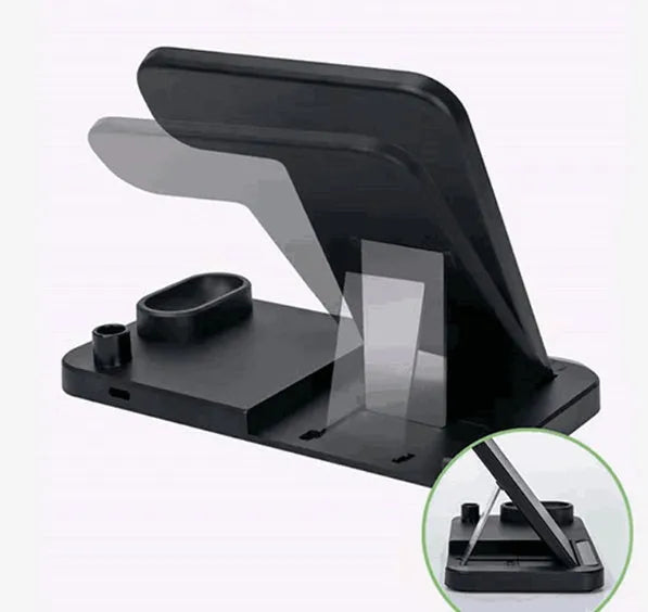 Black and white 4-in-1 wireless charging station showing phone on adjustable stand, Apple Watch, AirPods, and Apple Pencil charging simultaneously.