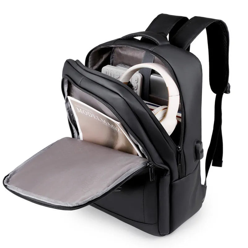 Black waterproof USB laptop backpack with air pillow belt and polyester lining