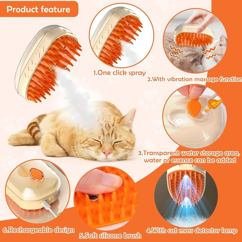 Yellow 4-in-1 cat steam brush with silicone teeth and ringworm detector lamp