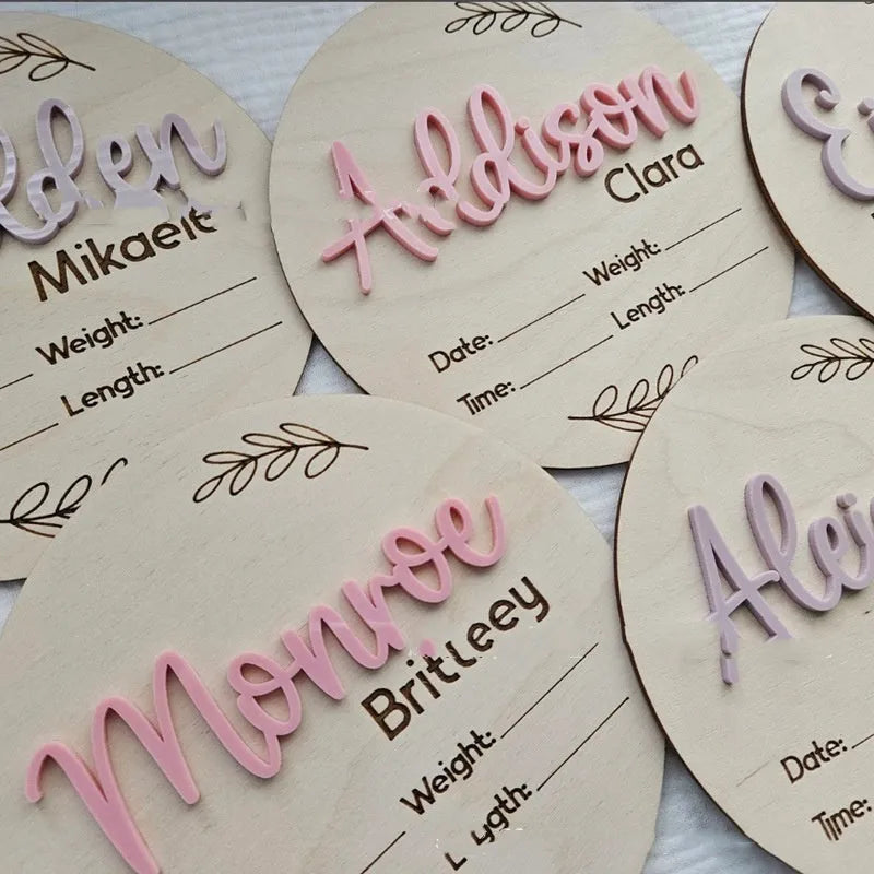 Square wooden baby name plaque with birth information display