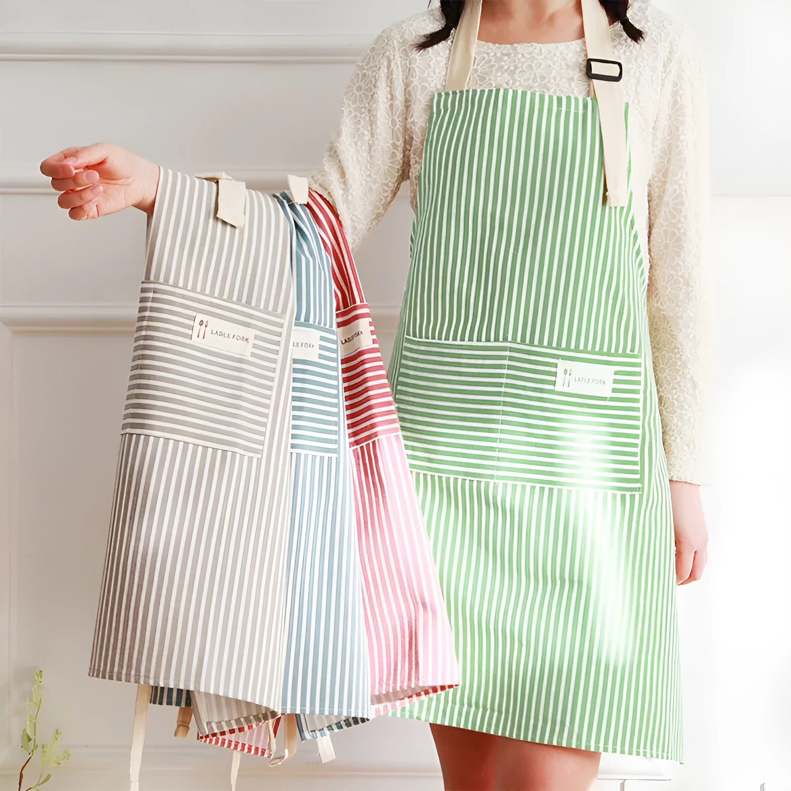 Linen stripe apron in blue, breathable kitchen apron for household chores, one size