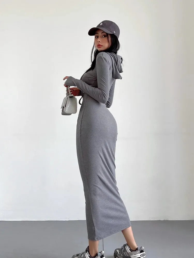 Women's hooded long sleeve sheath dress in polyester fabric with over-the-knee length