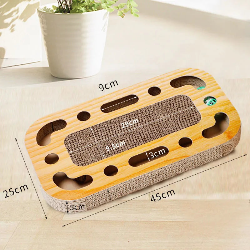 Cat scratching board toy with corrugated paper surface and plastic ball in multiple style options