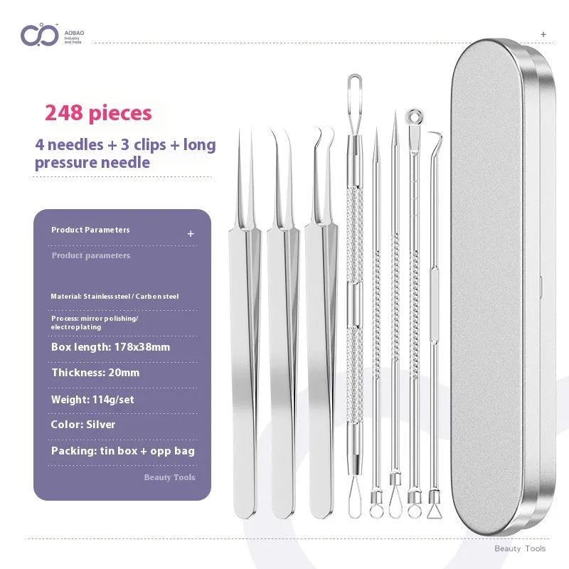Four-piece silver metal acne needle set with fine-pointed needles and a clip for skin blemish removal.