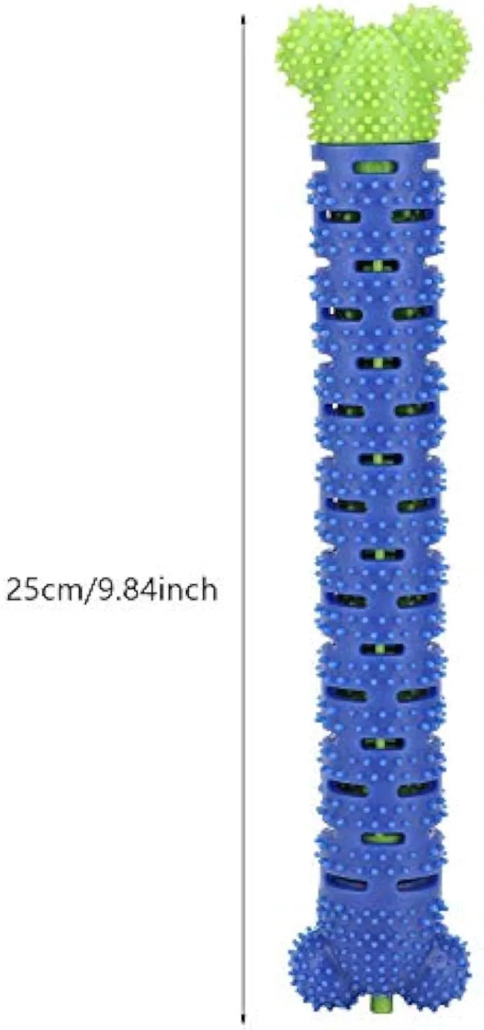 Blue and green dog dental chew toy with textured brush head and massage nodules for teeth cleaning and gum care.