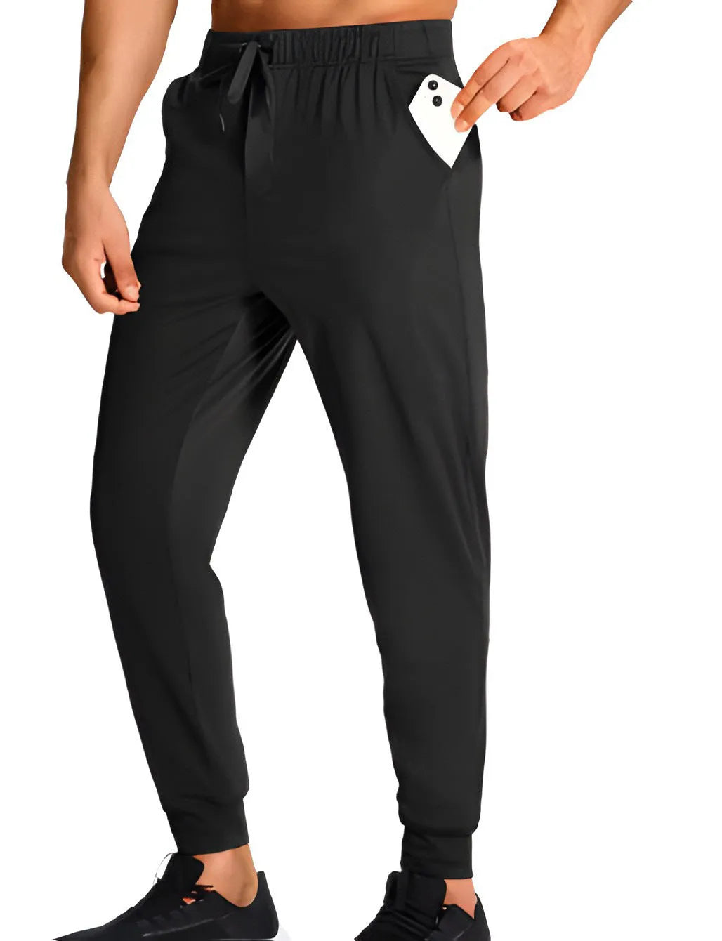Men's loose-fit solid colour casual trousers made from polyester fabric on a hanger.