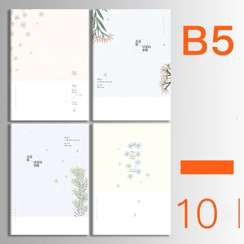 Bundle of ten soft-cover kraft paper notebooks with thread binding in various animal and nature designs.