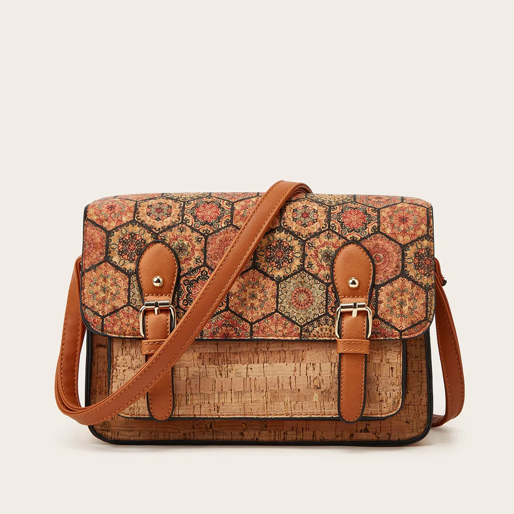 Women's printed PU crossbody bag with single strap shown in one of four colour options: pansy, square print, grass flower, or green.