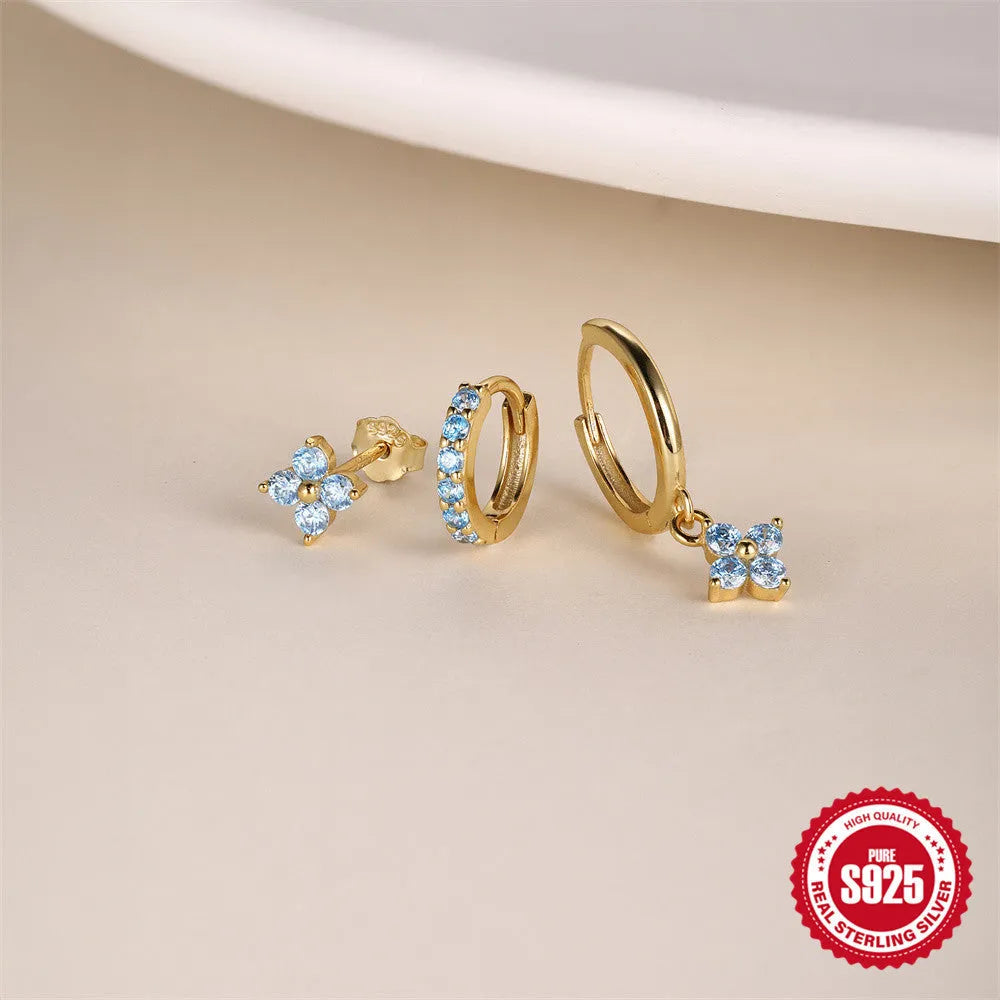 S925 sterling silver geometric circle earrings set of 3 pieces with classic petals and diamond design in gold tone