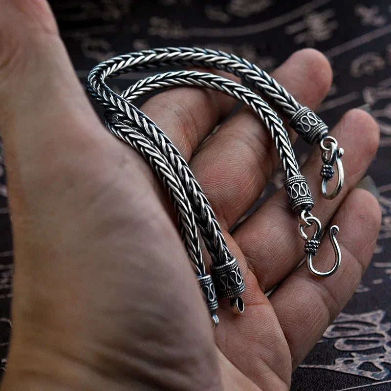 Vintage braided keel bracelet for men in 925 silver with wave design and retro finish, photo colour