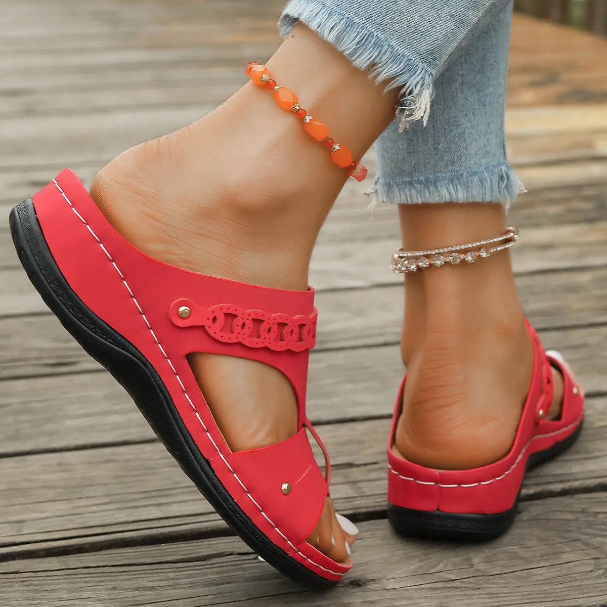 Roman style slope heel slippers with fish mouth toe holder in multiple colour options