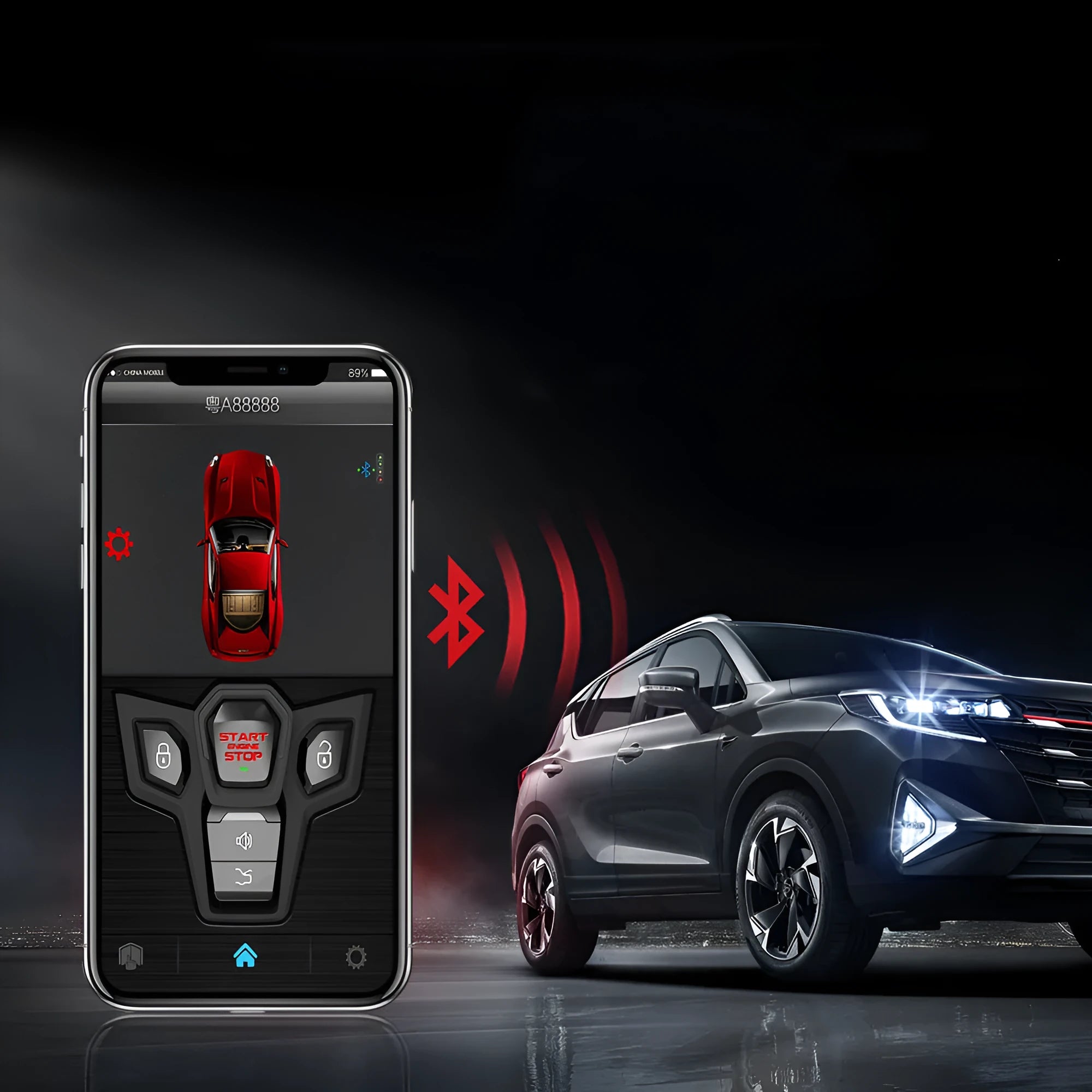 Black and red one-way car alarm system with two remote controls for 3000m vehicle security