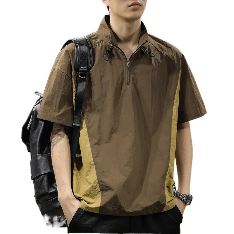 Brown men's half-zip stand collar casual shirt made from Ice Silk fabric, showing the front zip and short sleeves.