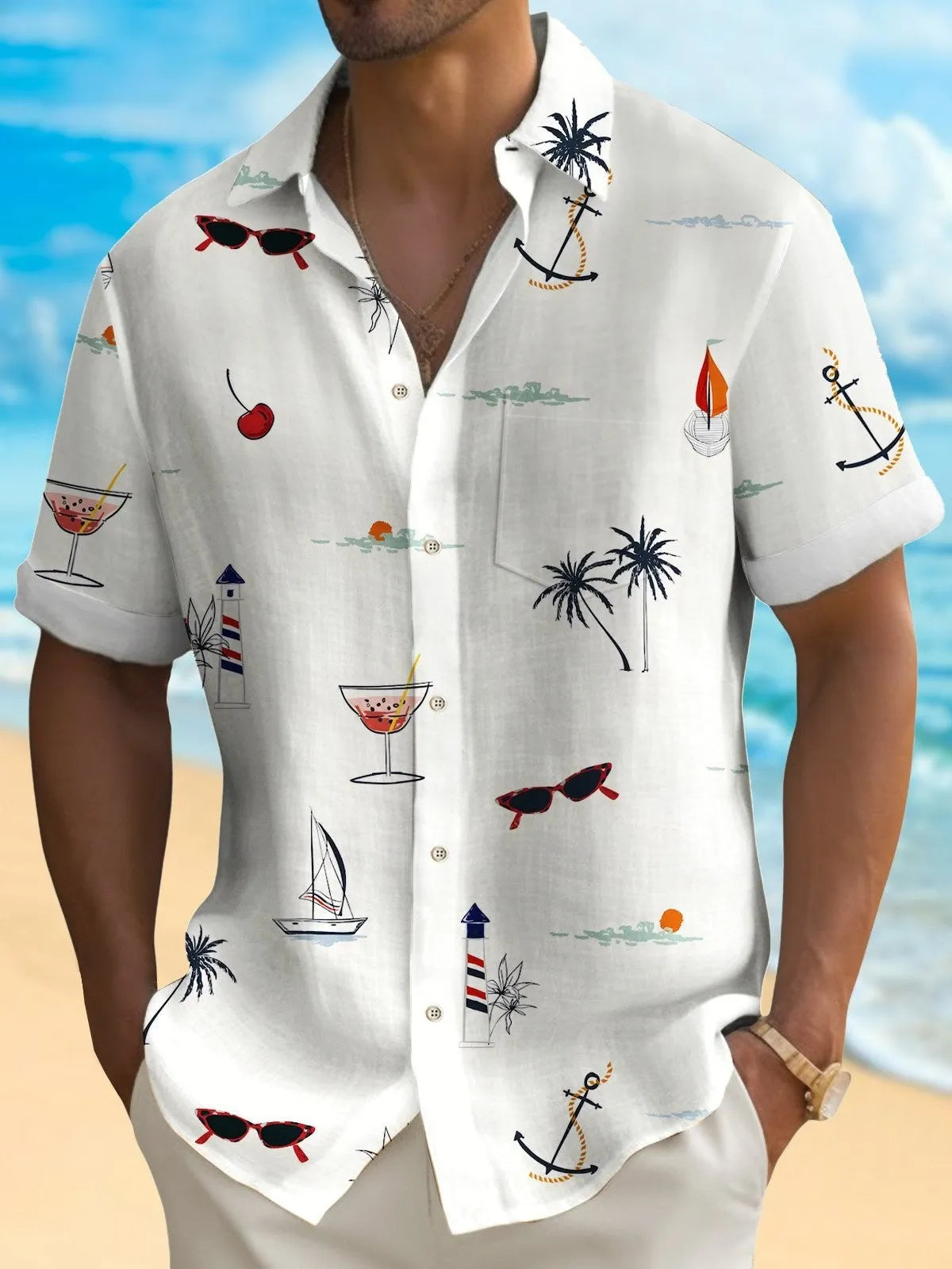 Man wearing a loose-fit digital print Hawaiian shirt in a vibrant colour.