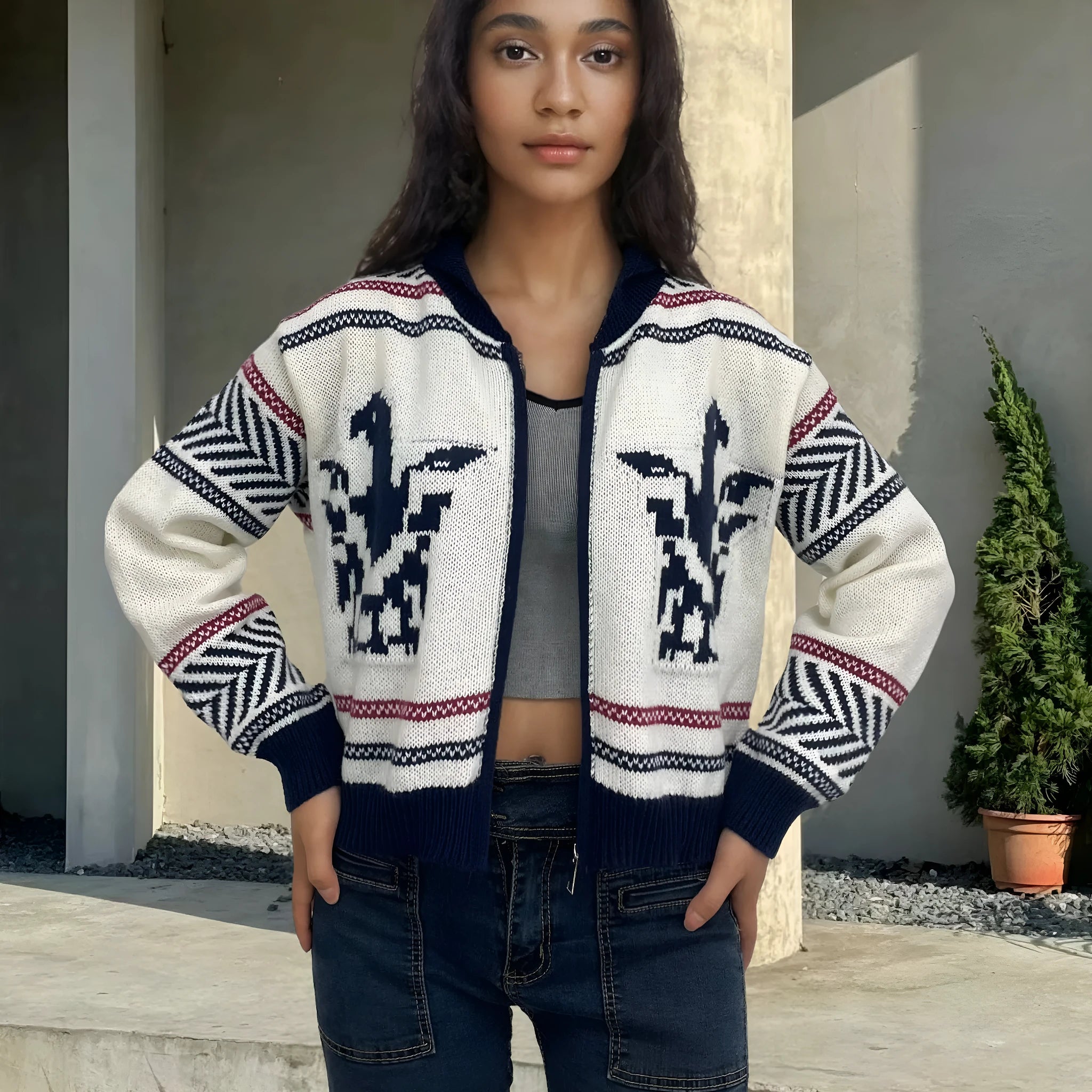 White women's zip-front cardigan with jacquard lapel and contrasting stripe pattern