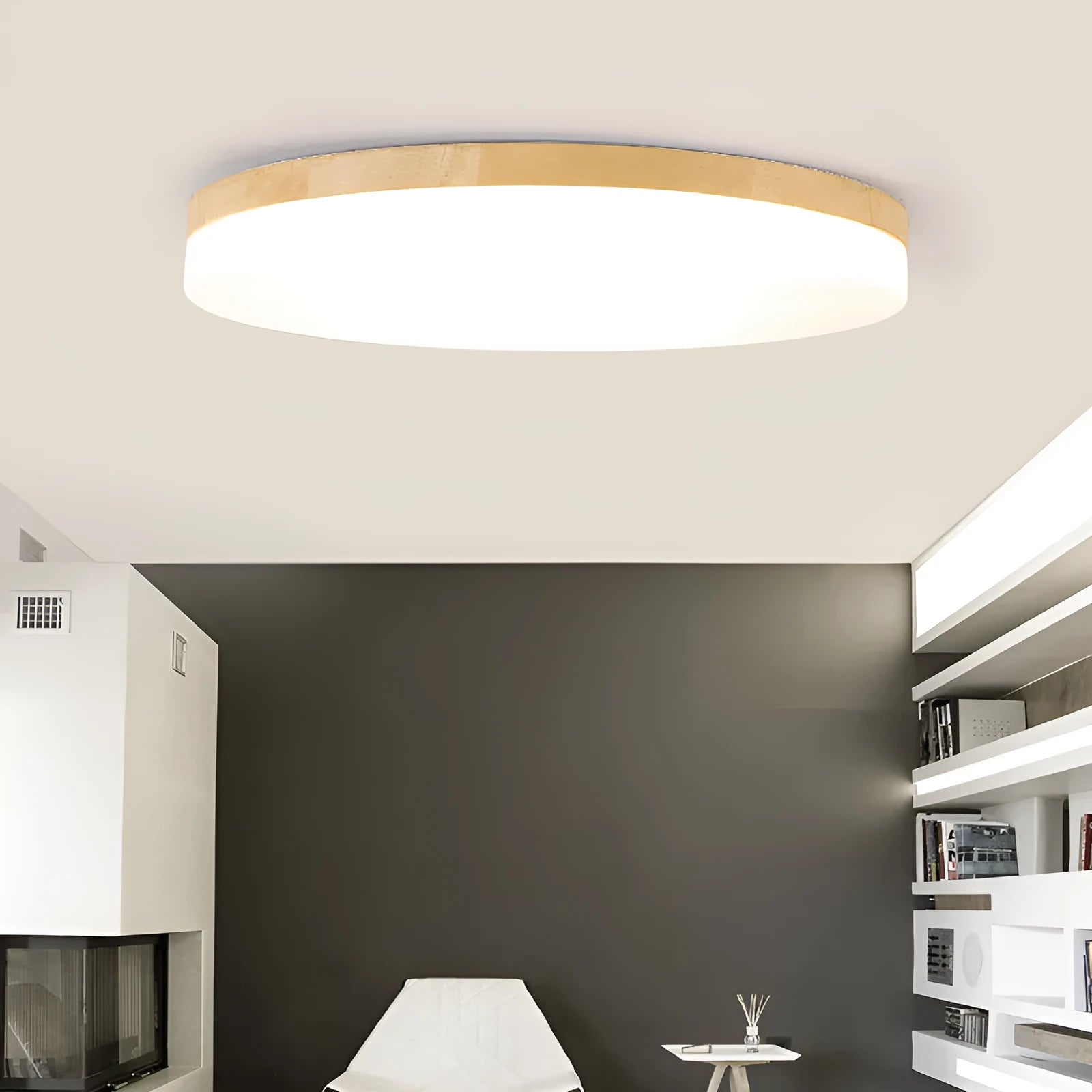Japanese minimalist LED ceiling lamp with natural wood art body and acrylic lampshade in three size options