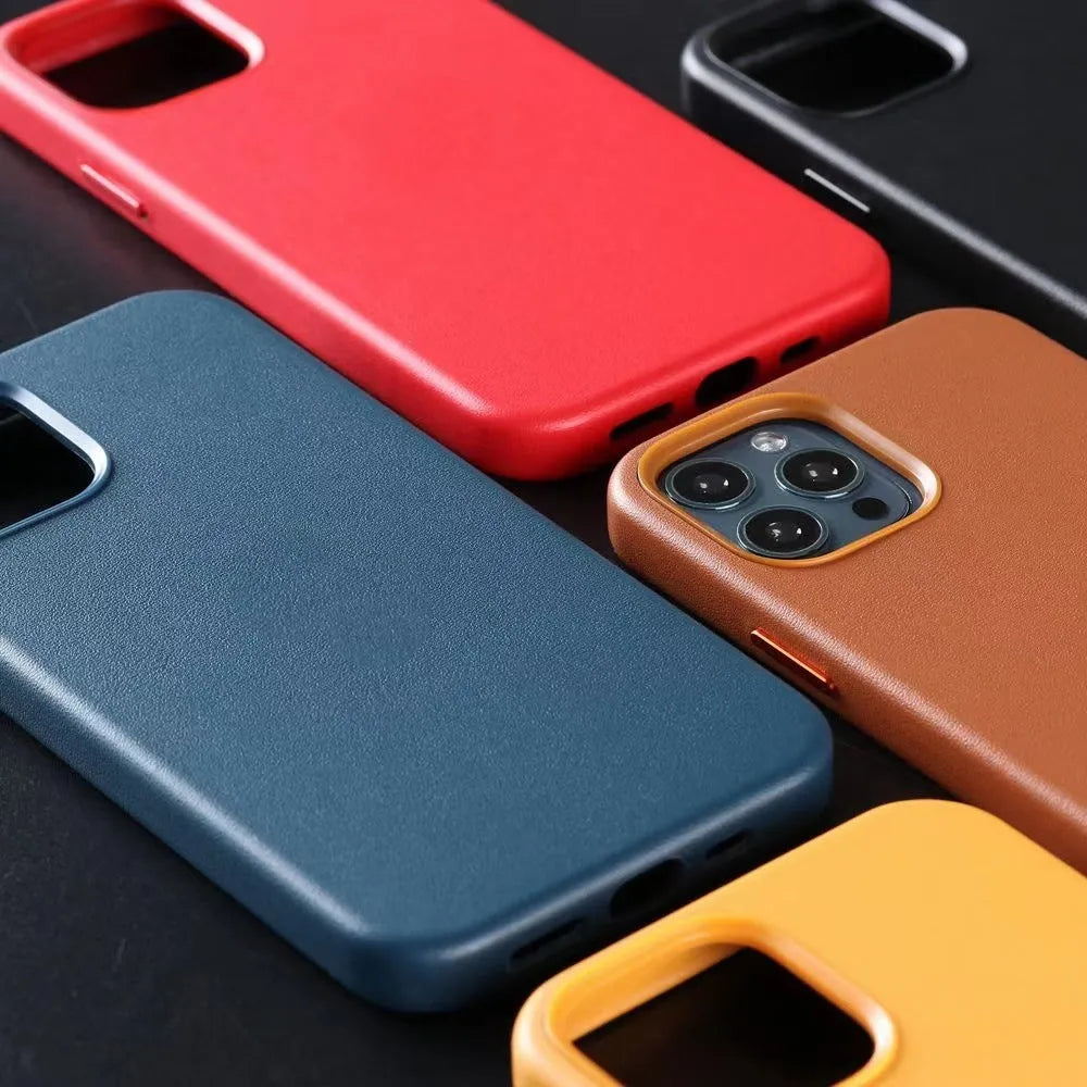 Real cowhide leather phone case in black with magnetic vibration for iPhone 13 Pro Max, back cover view