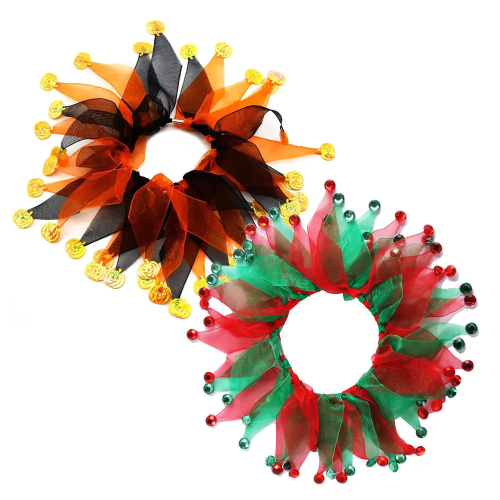 Colourful tie-dye dog collar in green, blue, Halloween, and Christmas styles on a white background.