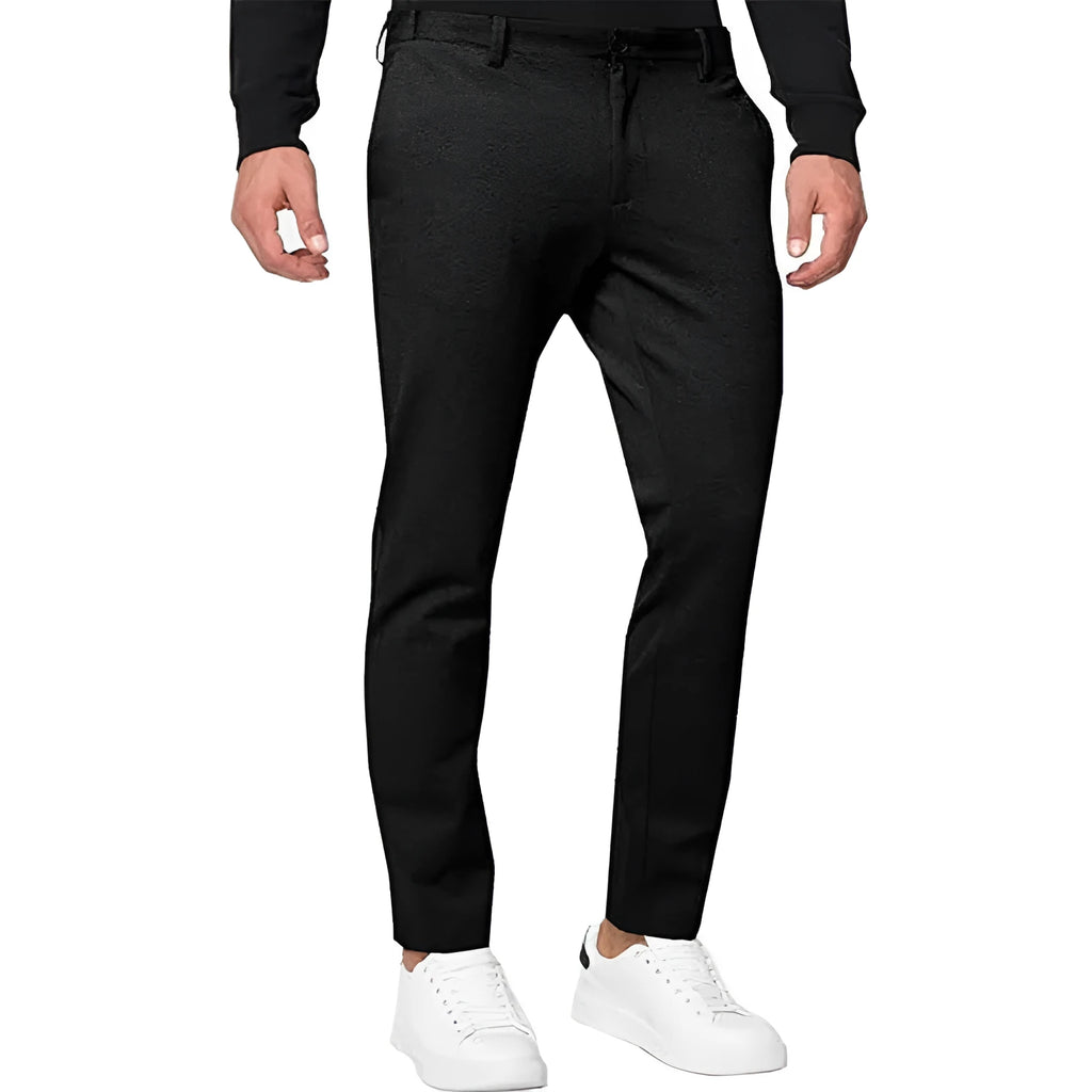 Men's slim-fit stretch chino trousers in khaki colour, showing tapered leg and zip fly detail.