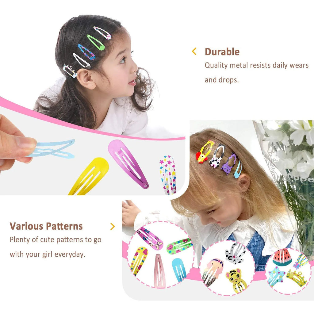 100 piece assortment of colourful metal snap hair clips with cartoon designs including animals, fruits, crowns, and stars.