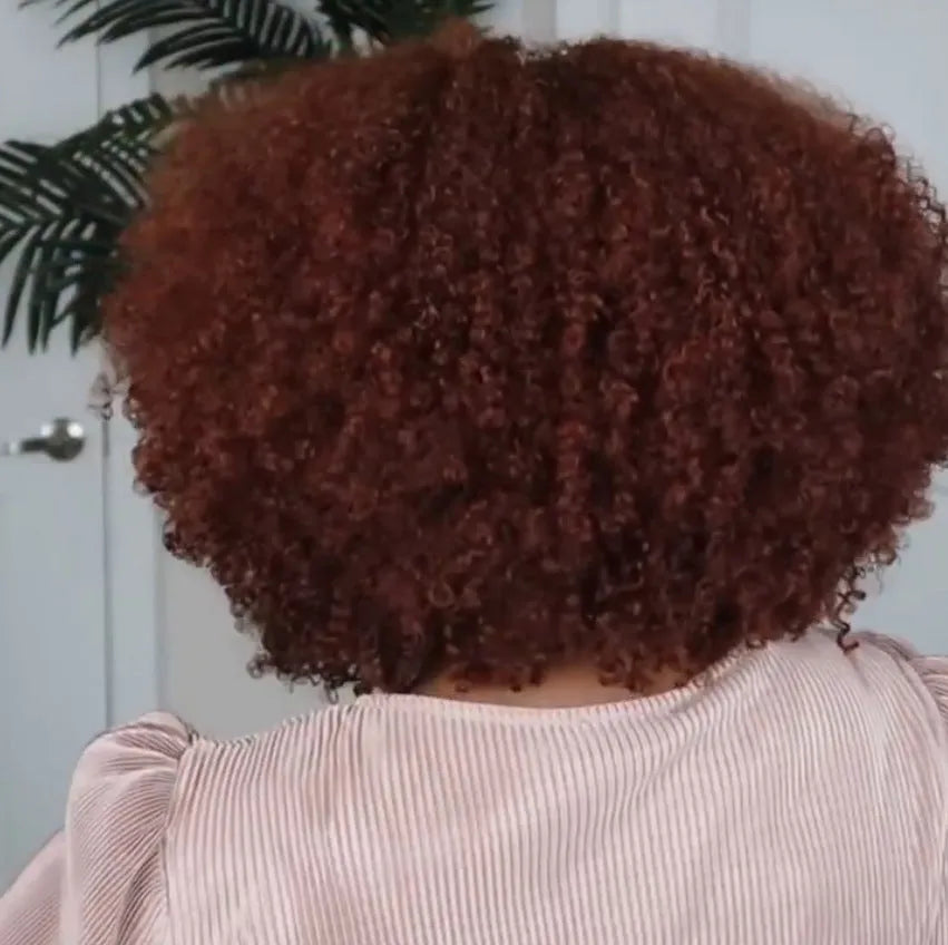 Short curly high temperature silk wig in reddish brown with Qi bangs for women, exotic European-American style