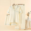 Women's garden gold cotton three-piece pajama set with lapel collar and three-quarter sleeves