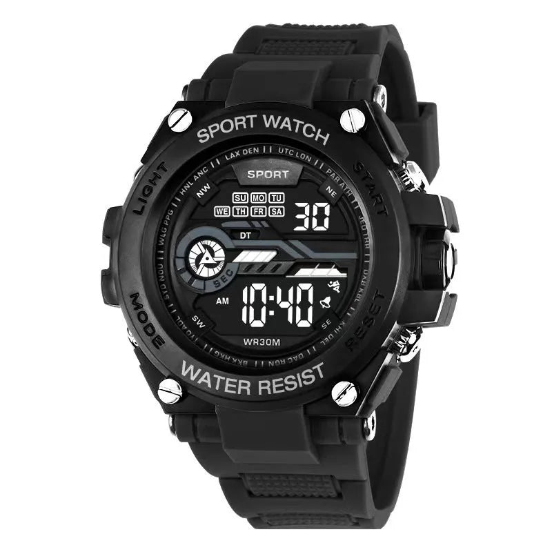 Digital electronic watch with adjustable strap shown in multiple colour options