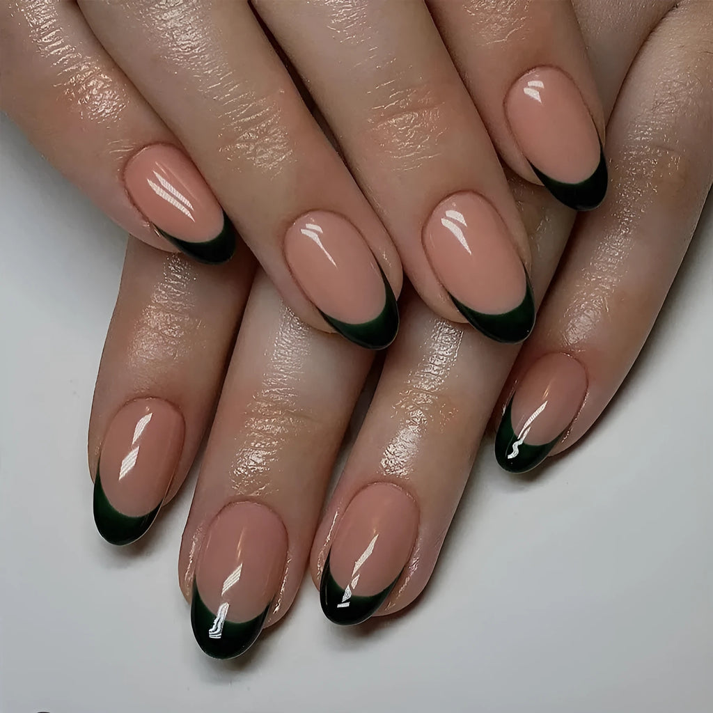 Black French manicure false nail set with 24 short almond shaped pieces