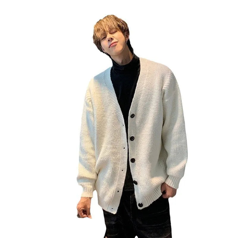Men's loose-fit V-neck cotton-blend cardigan in army green, shown on a hanger.