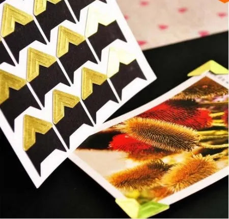 Five sheets of vintage corner stickers in black, gold, kraft paper, silver, and white colours, each sheet 12.5x9cm, total 120 stickers