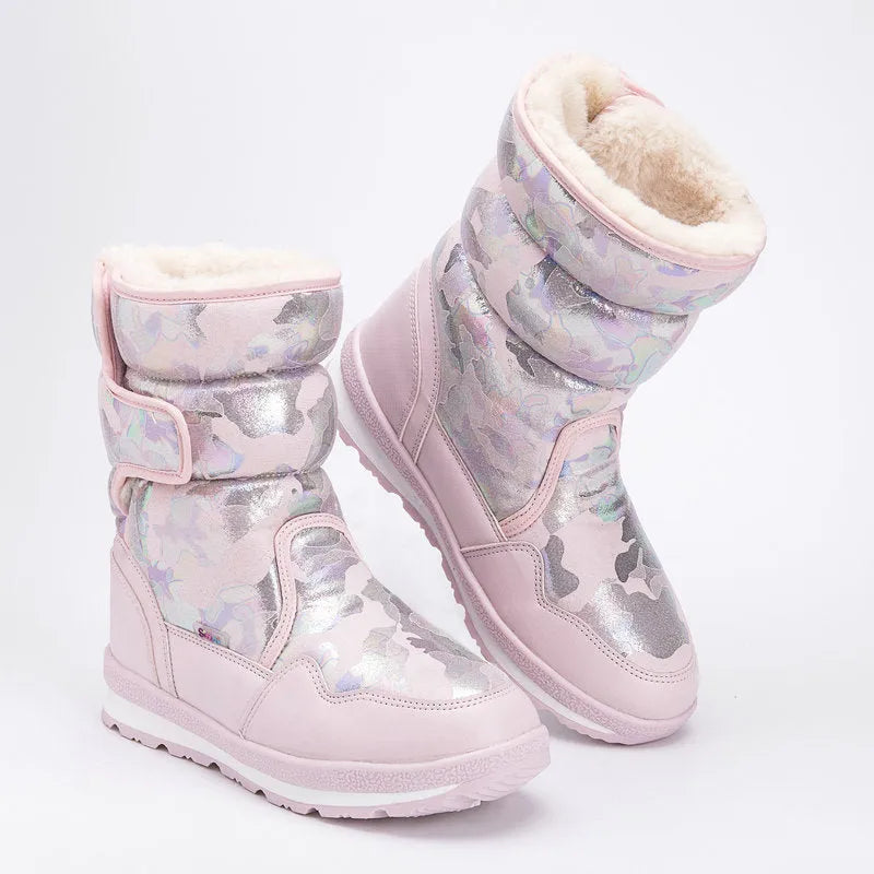 Children's waterproof slip-resistant fleece-lined mid-top snow boots in multiple colours for winter
