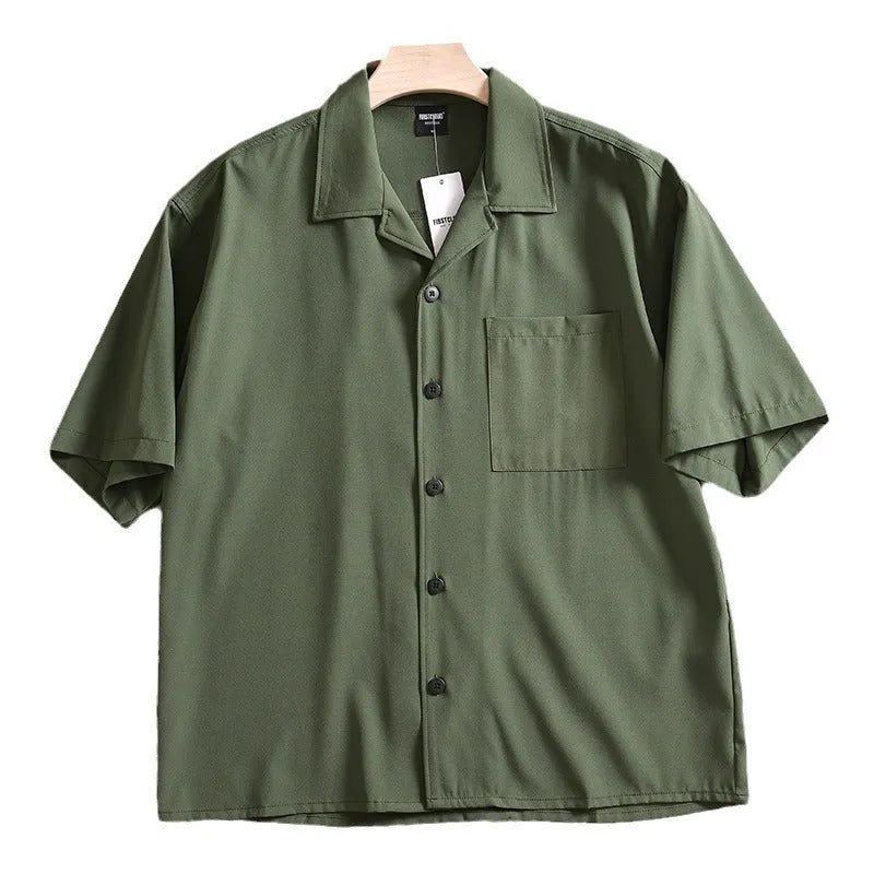 Men's loose short sleeve summer shirt in pure cotton polyester blend with Japanese fresh style