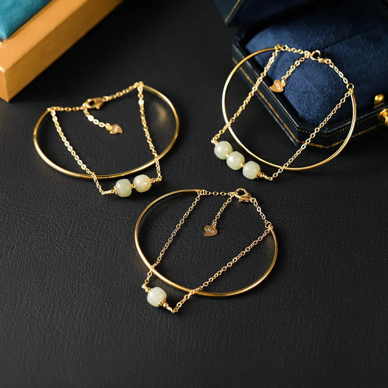 Jade lucky beads bracelet with gold inlay treatment in women's faux two-piece style