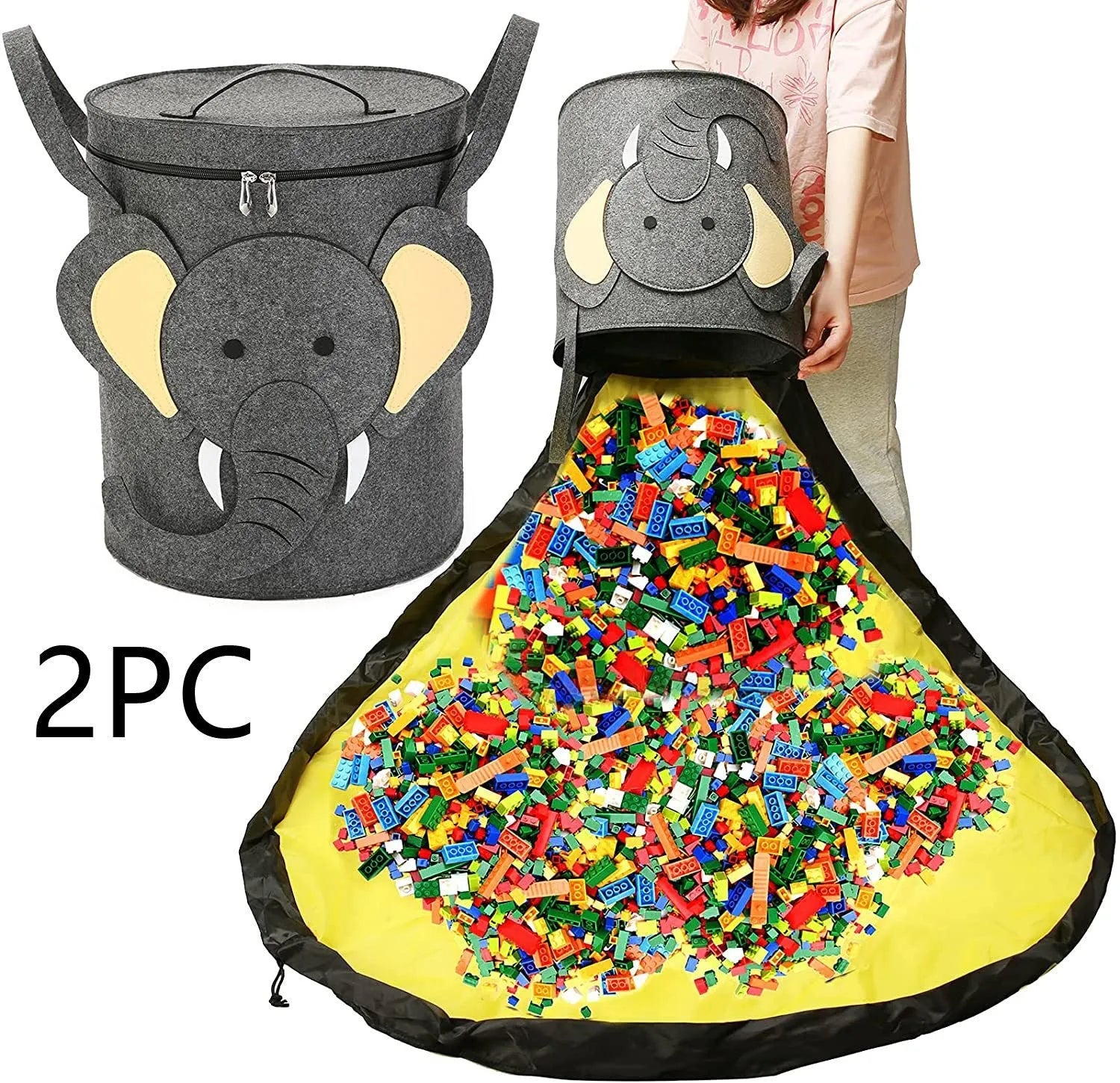 Green felt storage bag cinched closed with pull rope, shown next to it laid flat as a play mat