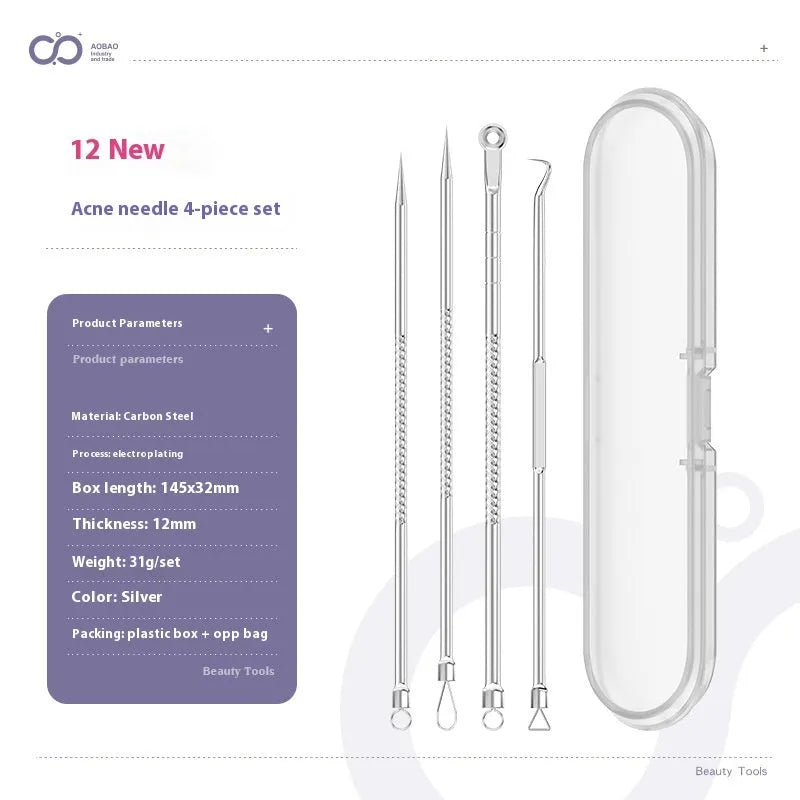 Four-piece silver metal acne needle set with fine-pointed needles and a clip for skin blemish removal.