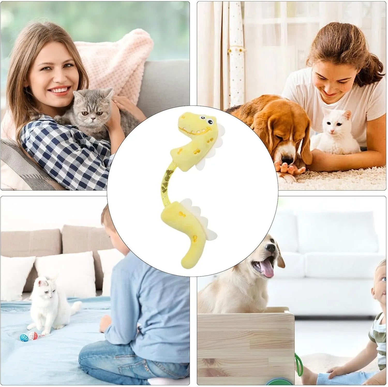 Bundle of four cat toys including rope toys, springs, kicker toys, and plush chew toys in pink, purple, or yellow colours