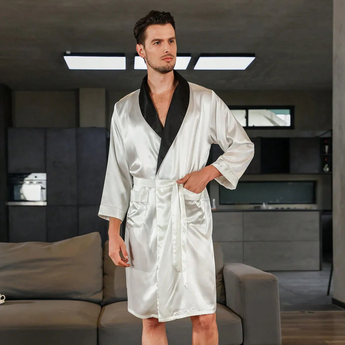 Men's summer silk bathrobe nightgown in rayon fabric showing colour options