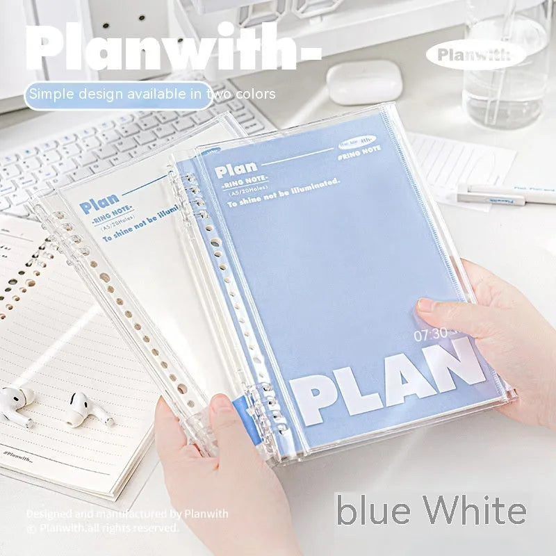 Transparent A5 PVC document canister with spiral notebook in white or blue, 148 × 210mm dimensions
