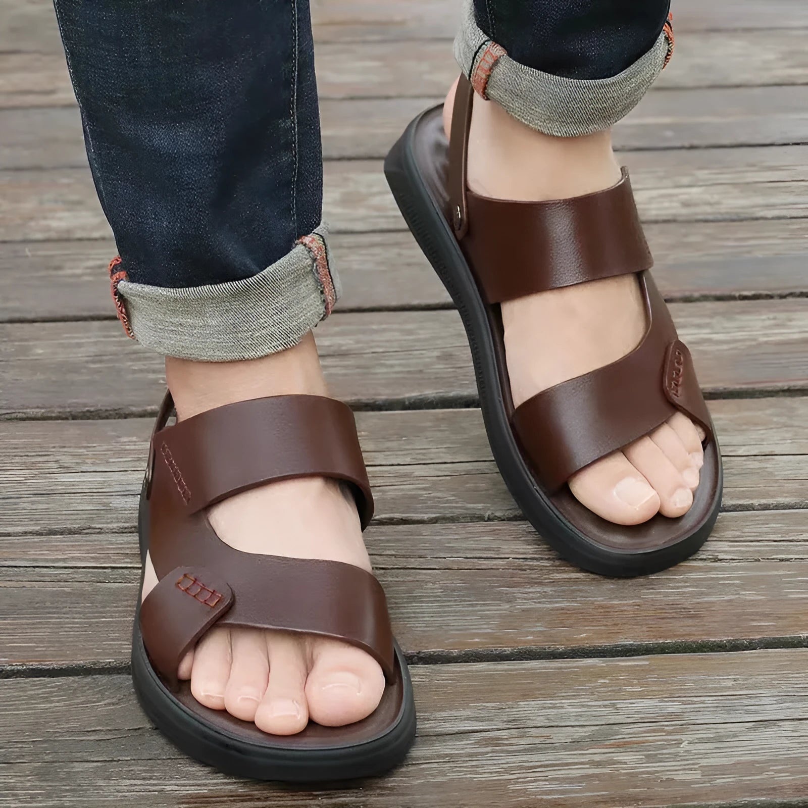 Men's waterproof plastic casual sandals in brown and black colours showing slip-on design for beach use