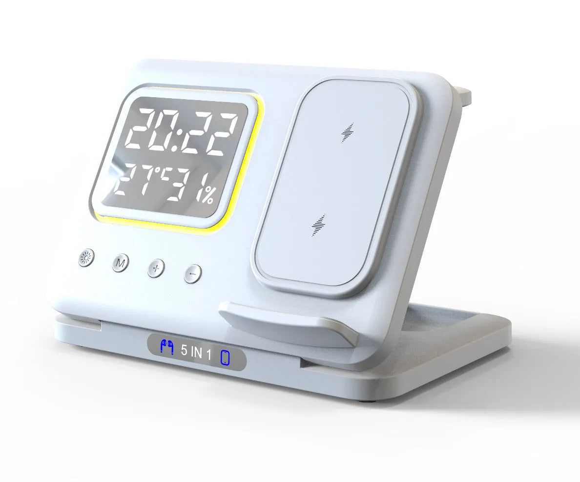 Black 15W wireless charging dock station showing phone, watch and headphones charging, with LED digital clock display.