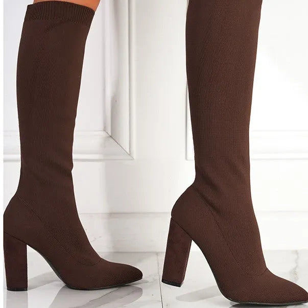 Women's large size stretch pointed toe chunky heel boots in black, brown, and red