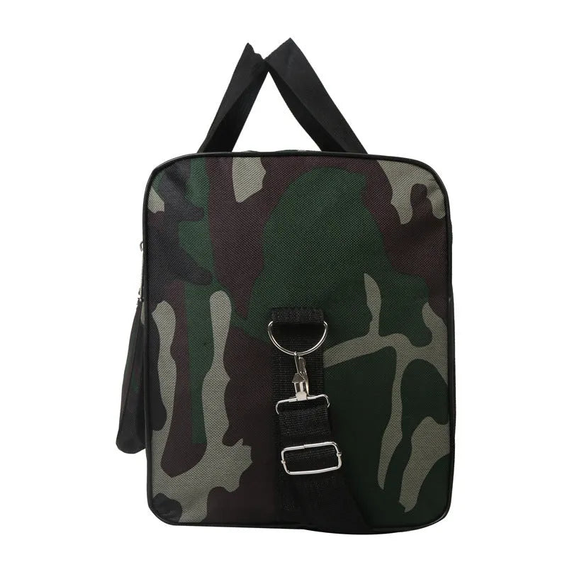 Green camouflage waterproof fabric luggage bag with striped lining.