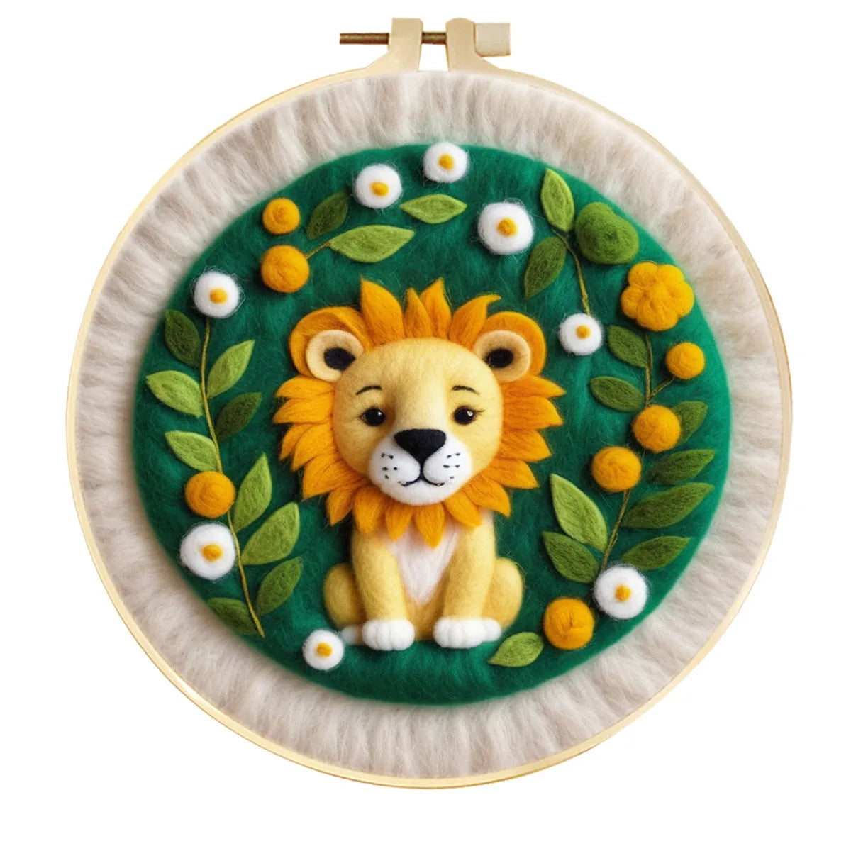Round 20x20 cm linen embroidery kit with wool felt pieces for floral design and included embroidery frame.