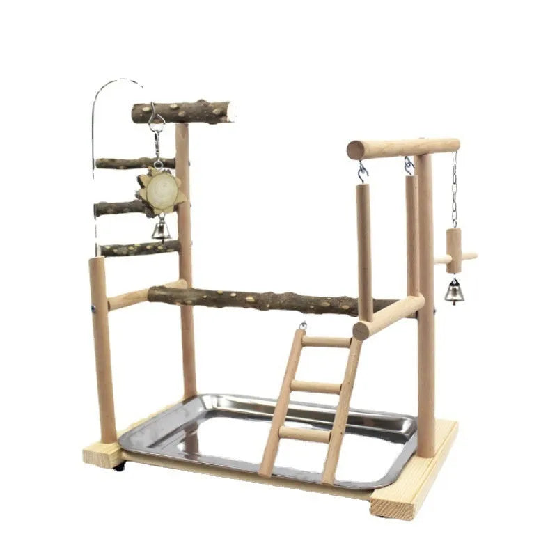 Natural pepper wood parrot play stand with multiple perches and an attached toy rack.